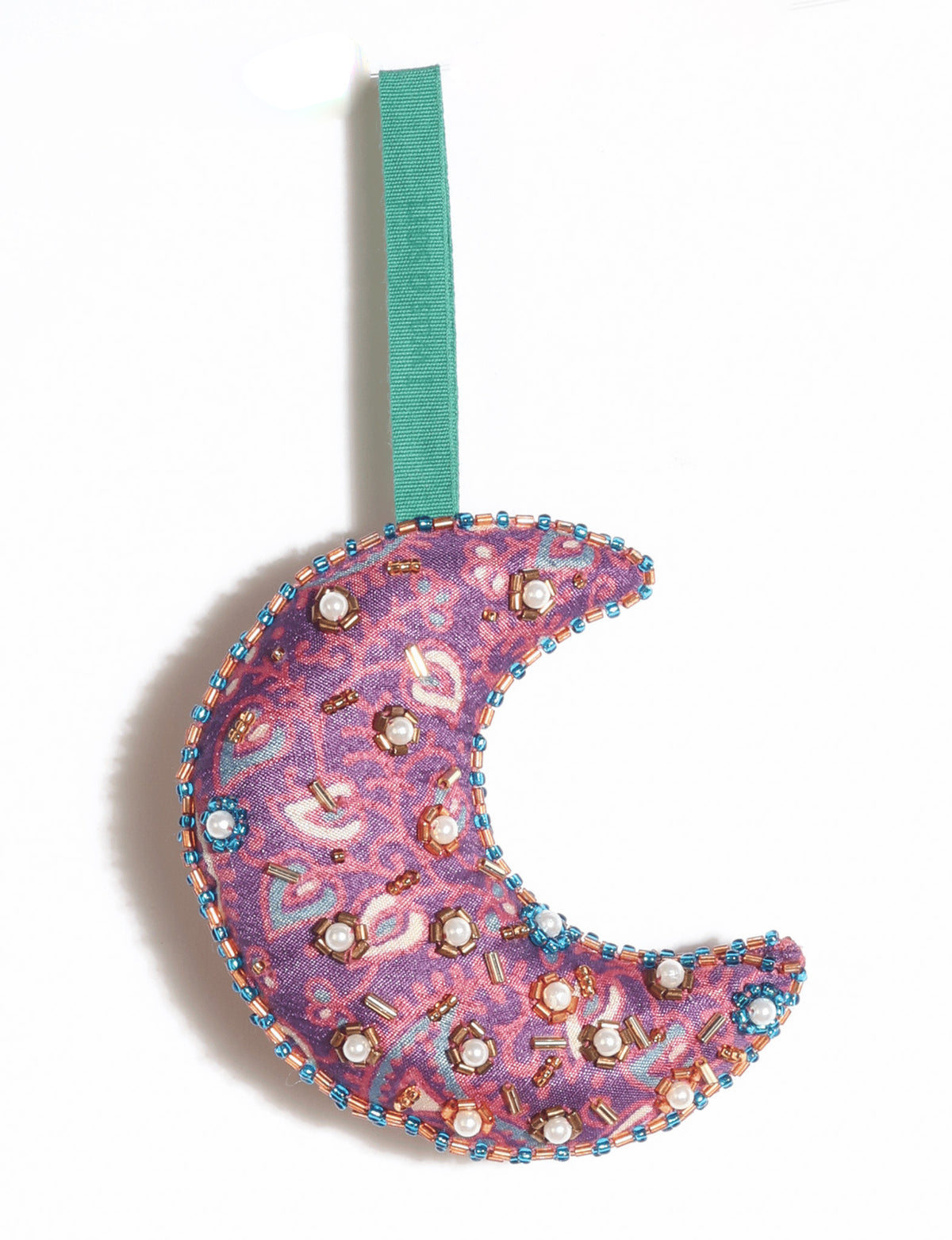 Cheer crescent moon festive ornament made from colorful upcycled sari fabric with Aari embroidery, donated beads and stones.