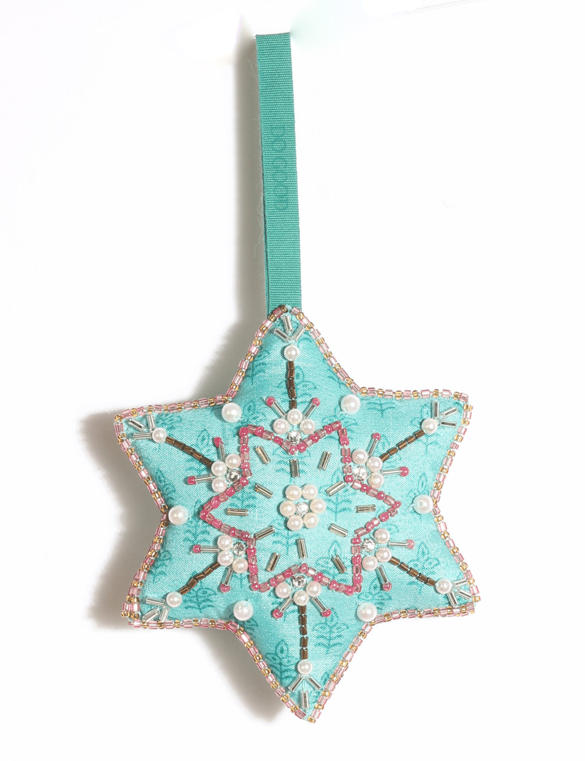 Cheer snowflake Christmas ornament made from vibrant upcycled saris with Aari embroidery and decorative beads