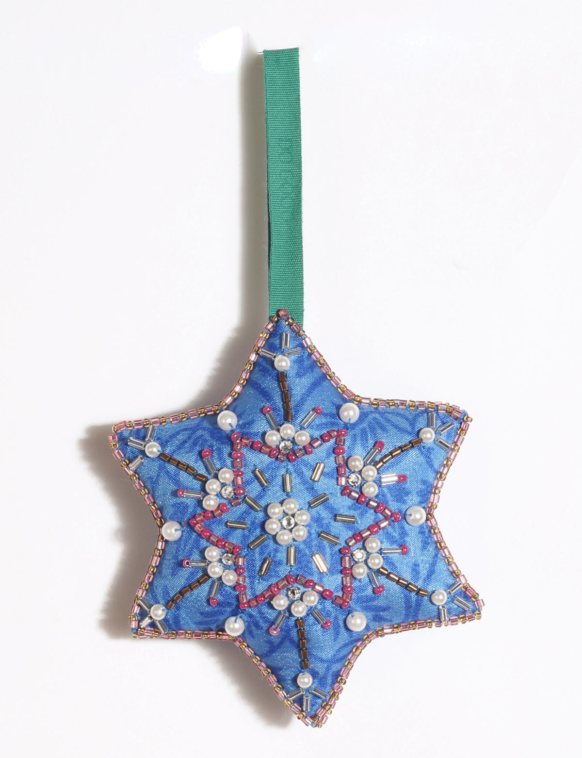 Cheer snowflake Christmas ornament made from vibrant upcycled saris with Aari embroidery and decorative beads