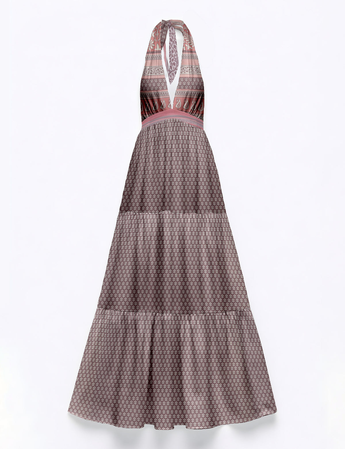 Purple maxi dress with tiered skirt, halter neckline, and mixed micro floral and paisley patterns, flat lay view