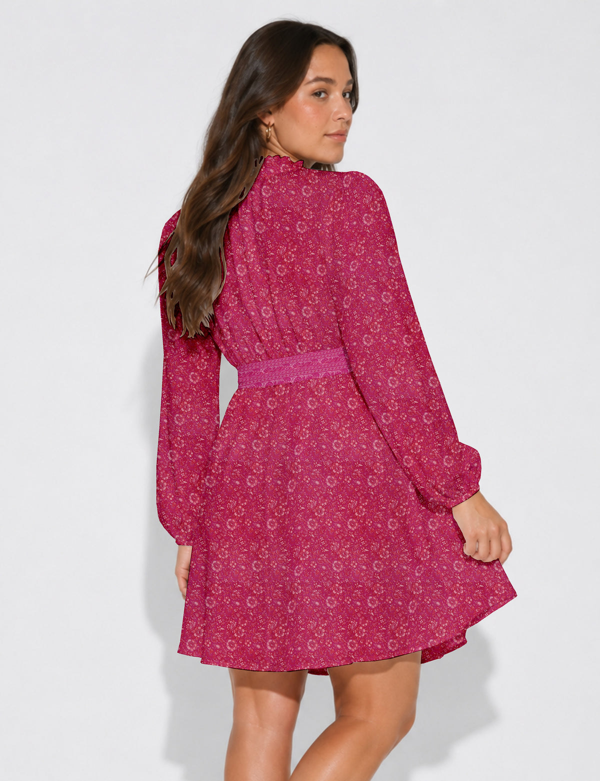 Swing dress with belt - Pink Floral