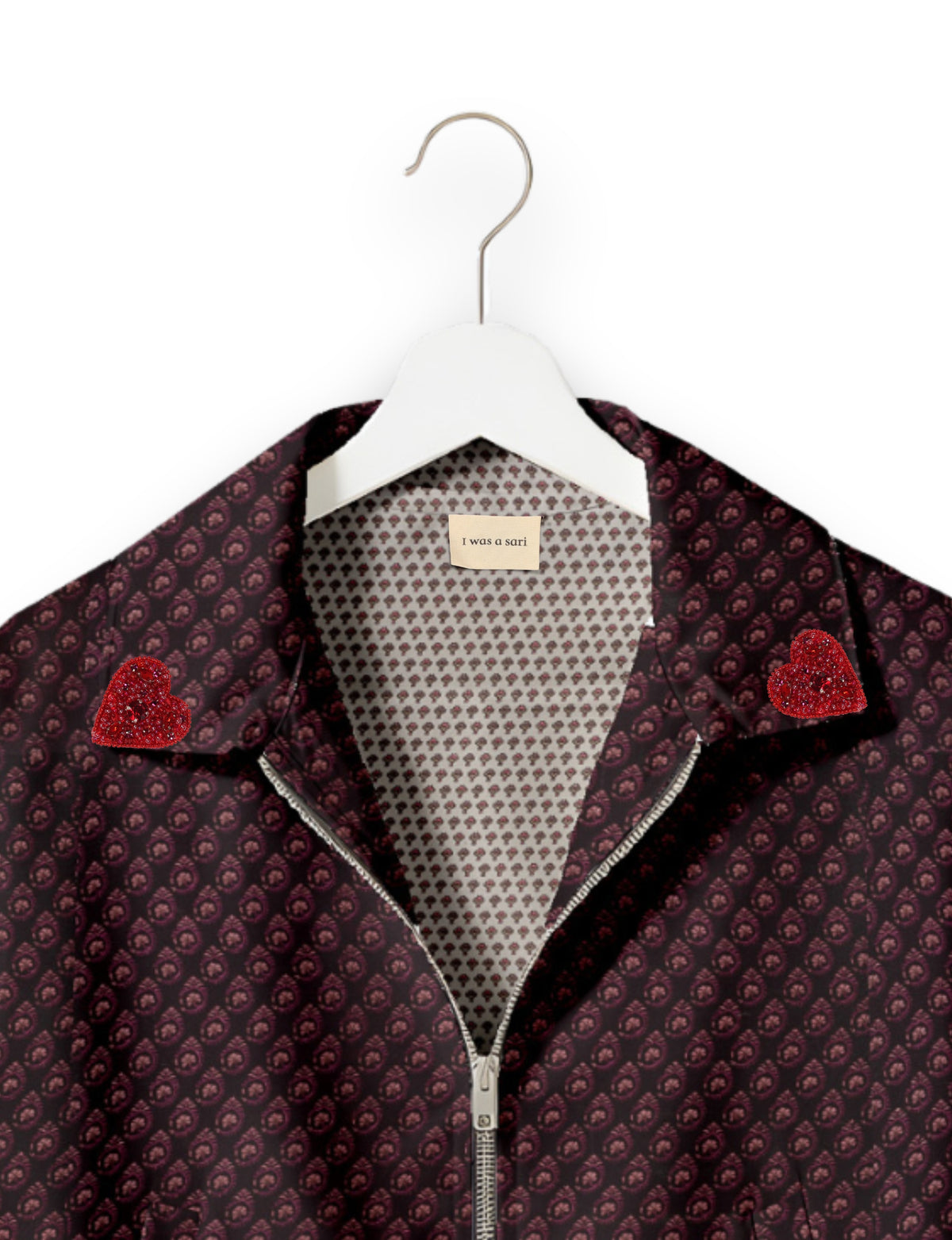 Love Bomber Jacket made from recycled fabric, featuring hand-stitched Aari embroidery. A unique piece of zero-waste clothing, part of the circular fashion movement. Designed with upcycled materials for a stylish yet environmentally friendly clothing choice.