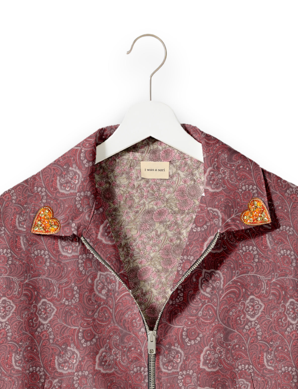 Love Bomber Jacket made from recycled fabric, featuring hand-stitched Aari embroidery. A unique piece of zero-waste clothing, part of the circular fashion movement. Designed with upcycled materials for a stylish yet environmentally friendly clothing choice.