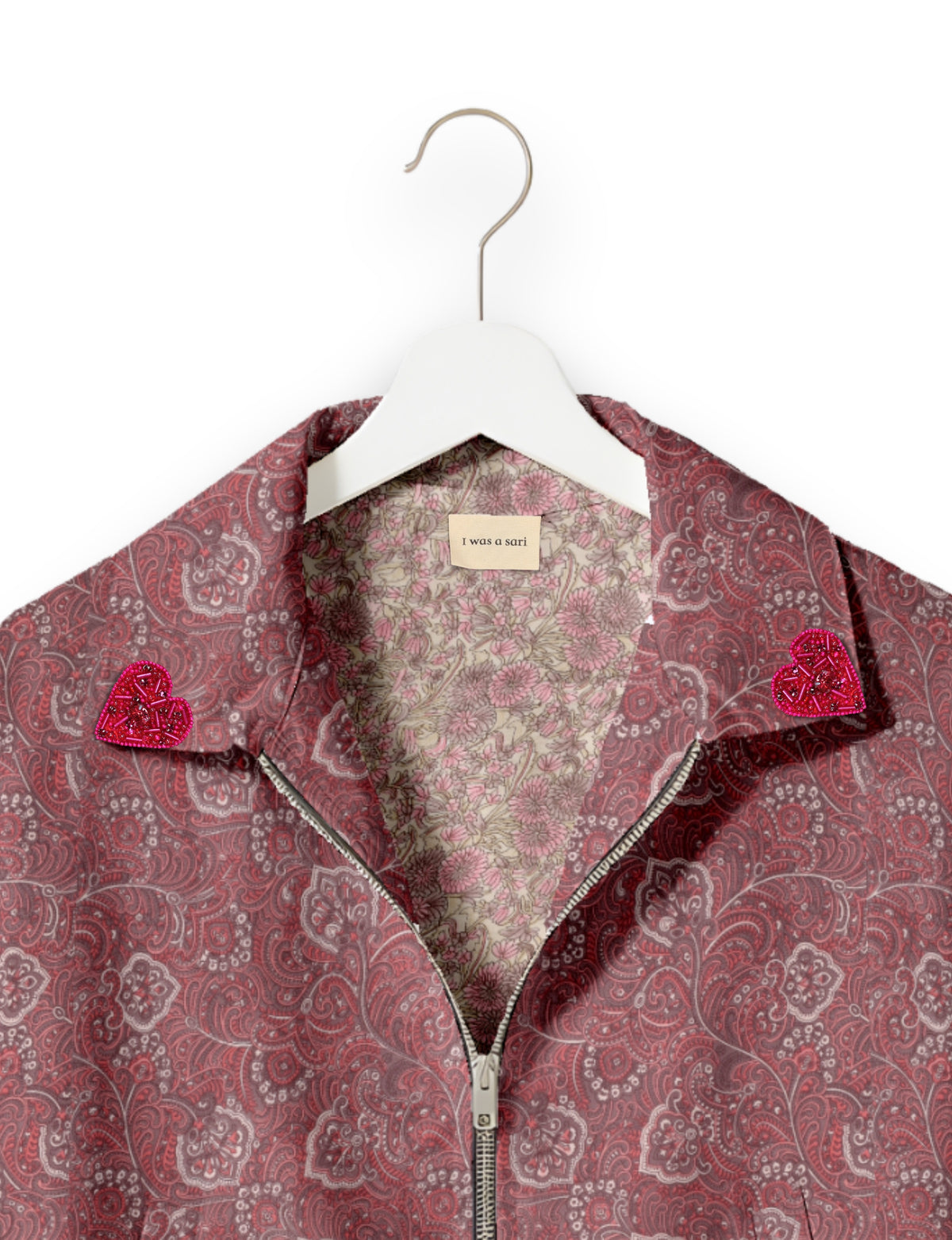 Love Bomber Jacket made from recycled fabric, featuring hand-stitched Aari embroidery. A unique piece of zero-waste clothing, part of the circular fashion movement. Designed with upcycled materials for a stylish yet environmentally friendly clothing choice.
