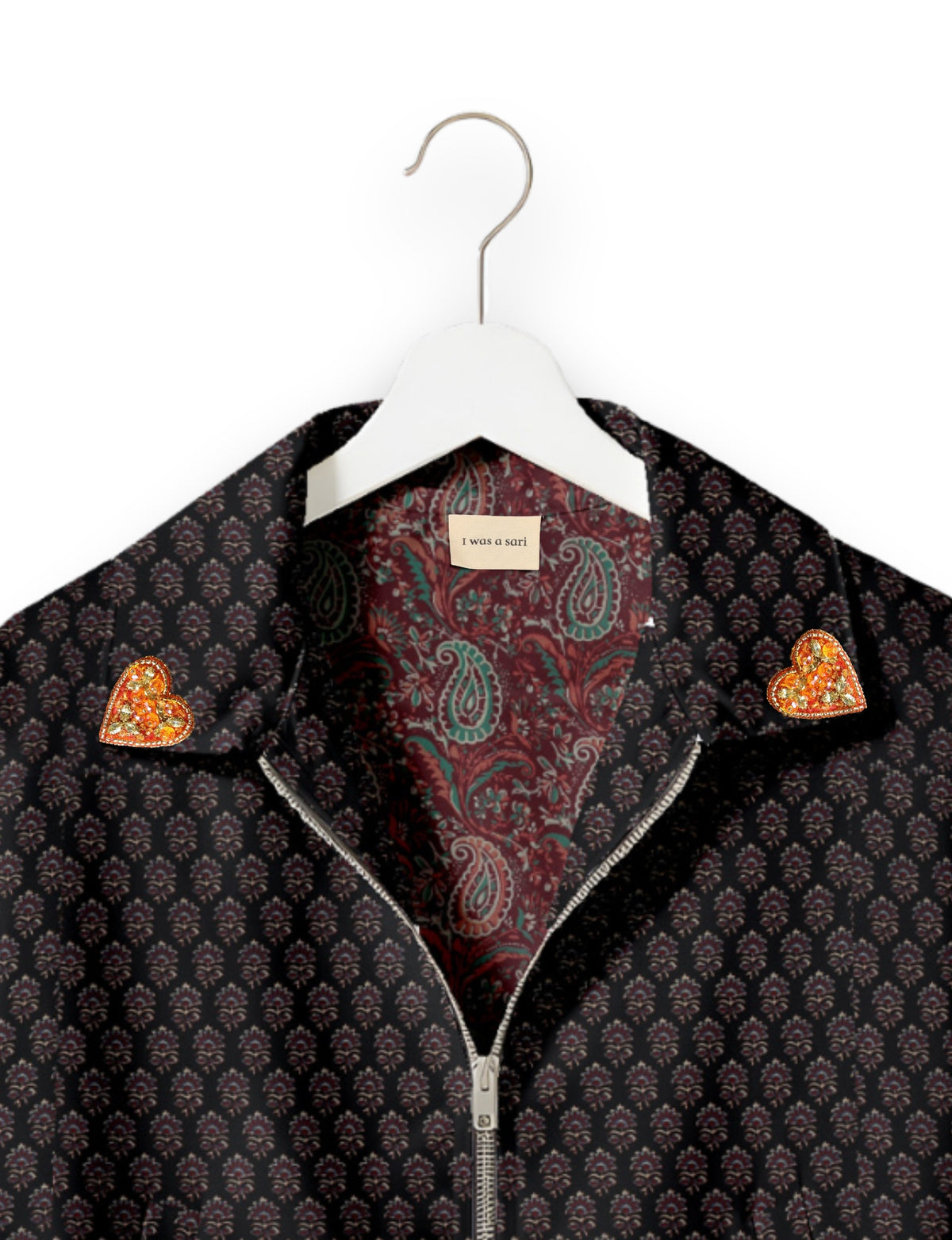 Love Bomber Jacket made from recycled fabric, featuring hand-stitched Aari embroidery. A unique piece of zero-waste clothing, part of the circular fashion movement. Designed with upcycled materials for a stylish yet environmentally friendly clothing choice.
