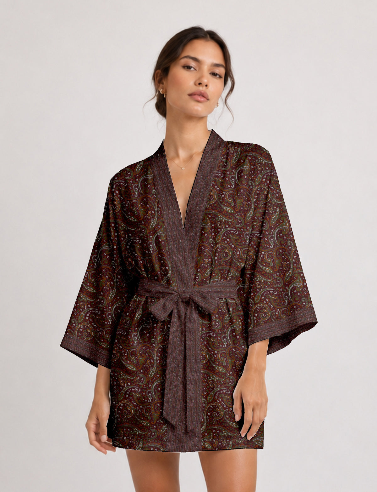 Short kimono robe - Red Paisley