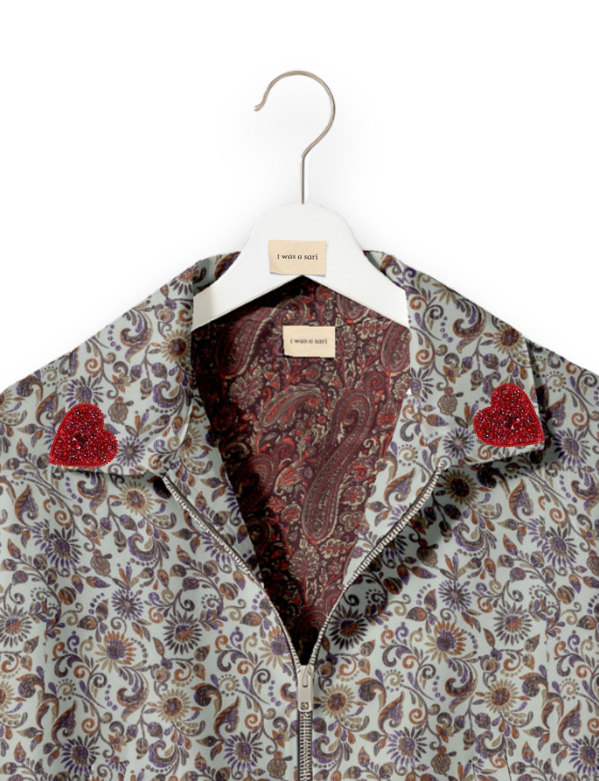 Love Bomber Jacket made from recycled fabric, featuring hand-stitched Aari embroidery. A unique piece of zero-waste clothing, part of the circular fashion movement. Designed with upcycled materials for a stylish yet environmentally friendly clothing choice.