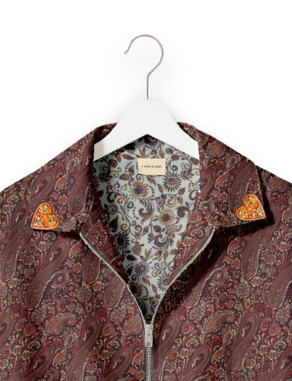 Love Bomber Jacket made from recycled fabric, featuring hand-stitched Aari embroidery. A unique piece of zero-waste clothing, part of the circular fashion movement. Designed with upcycled materials for a stylish yet environmentally friendly clothing choice.