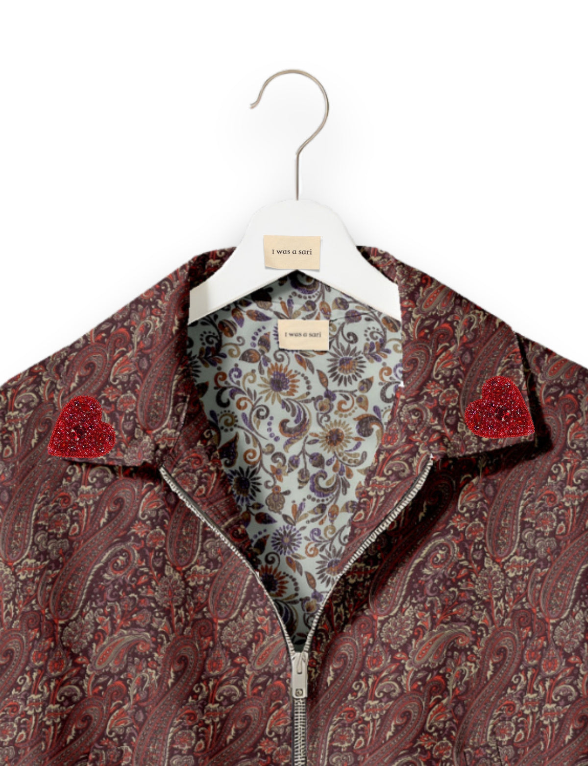 Love Bomber Jacket made from recycled fabric, featuring hand-stitched Aari embroidery. A unique piece of zero-waste clothing, part of the circular fashion movement. Designed with upcycled materials for a stylish yet environmentally friendly clothing choice.