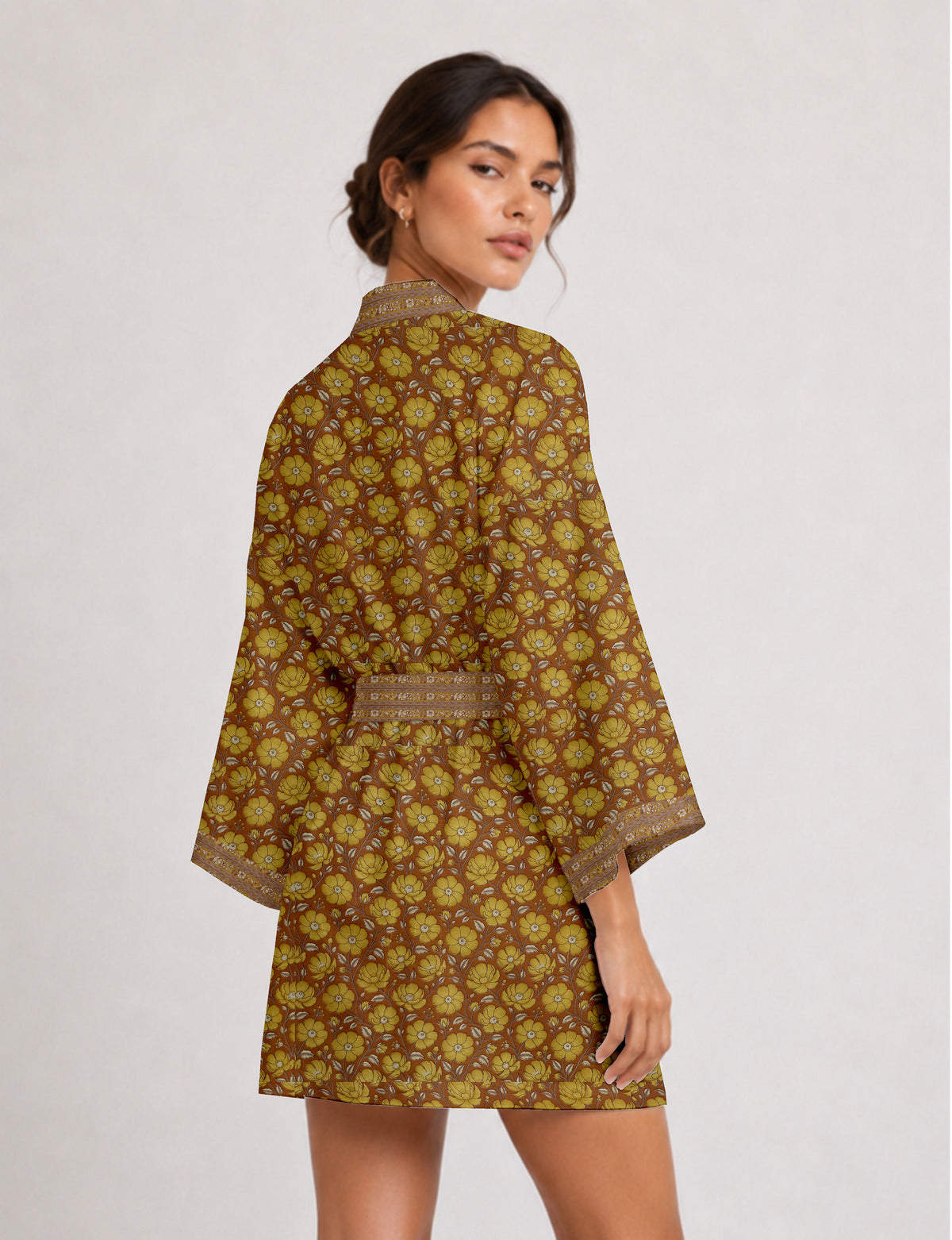 Short kimono robe - Yellow Floral