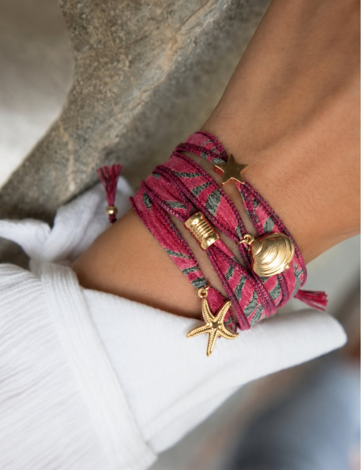 Wrap around bracelet with stainless steel 18K gold-plated charms, adjustable layered bracelet for everyday wear.