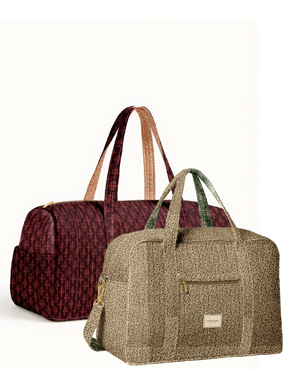Twin travel bag set with duffle and barrel bags in maroon and beige micro floral patterns, front and side views