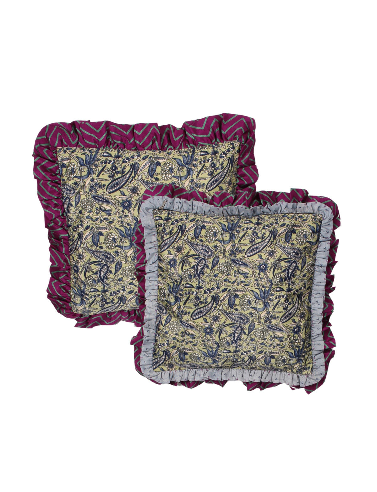 Set of 2 beige paisley cushion covers with double frill borders in purple chevron and light blue patterns, flat lay view