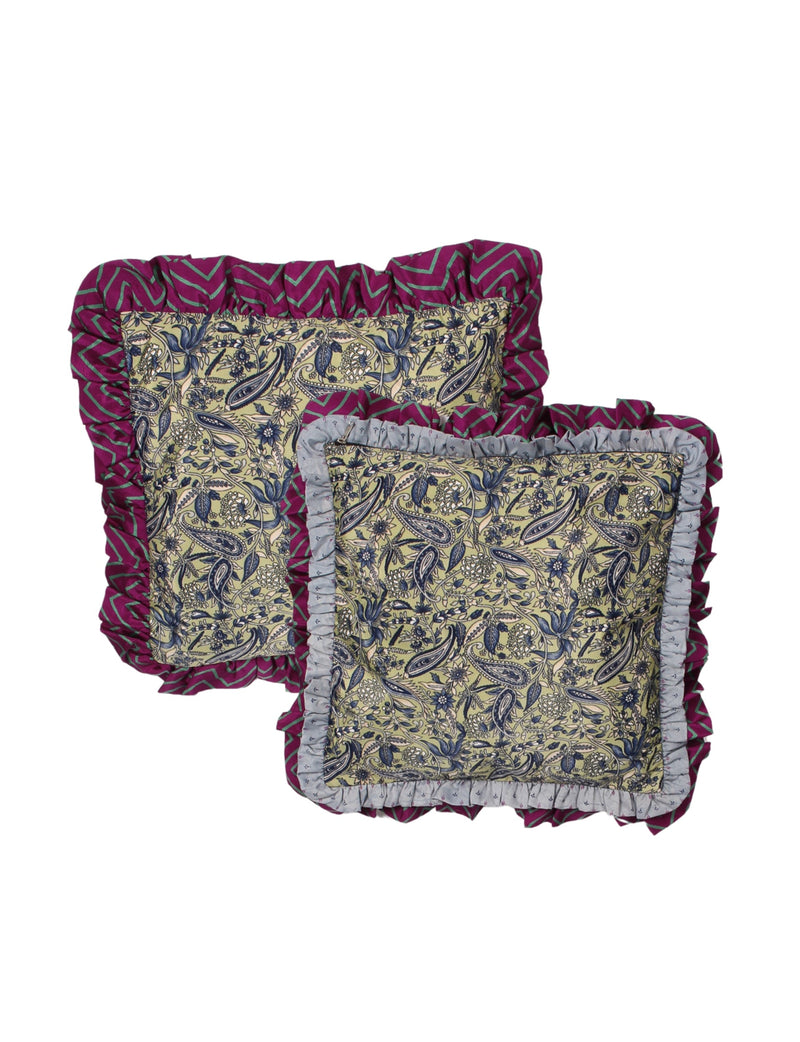 Set of 2 beige paisley cushion covers with double frill borders in purple chevron and light blue patterns, flat lay view