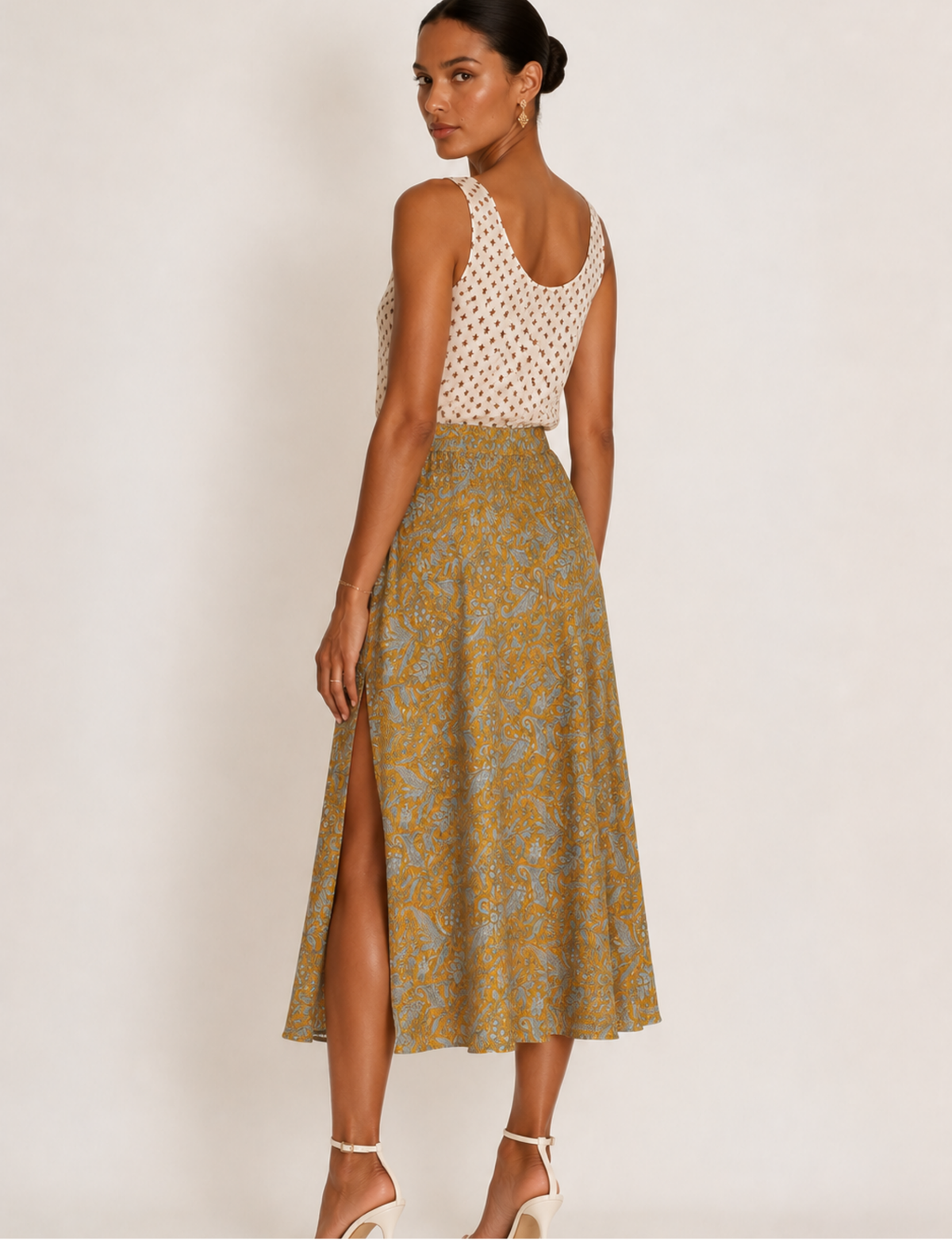Falda línea A con abertura - Paisley amarillo