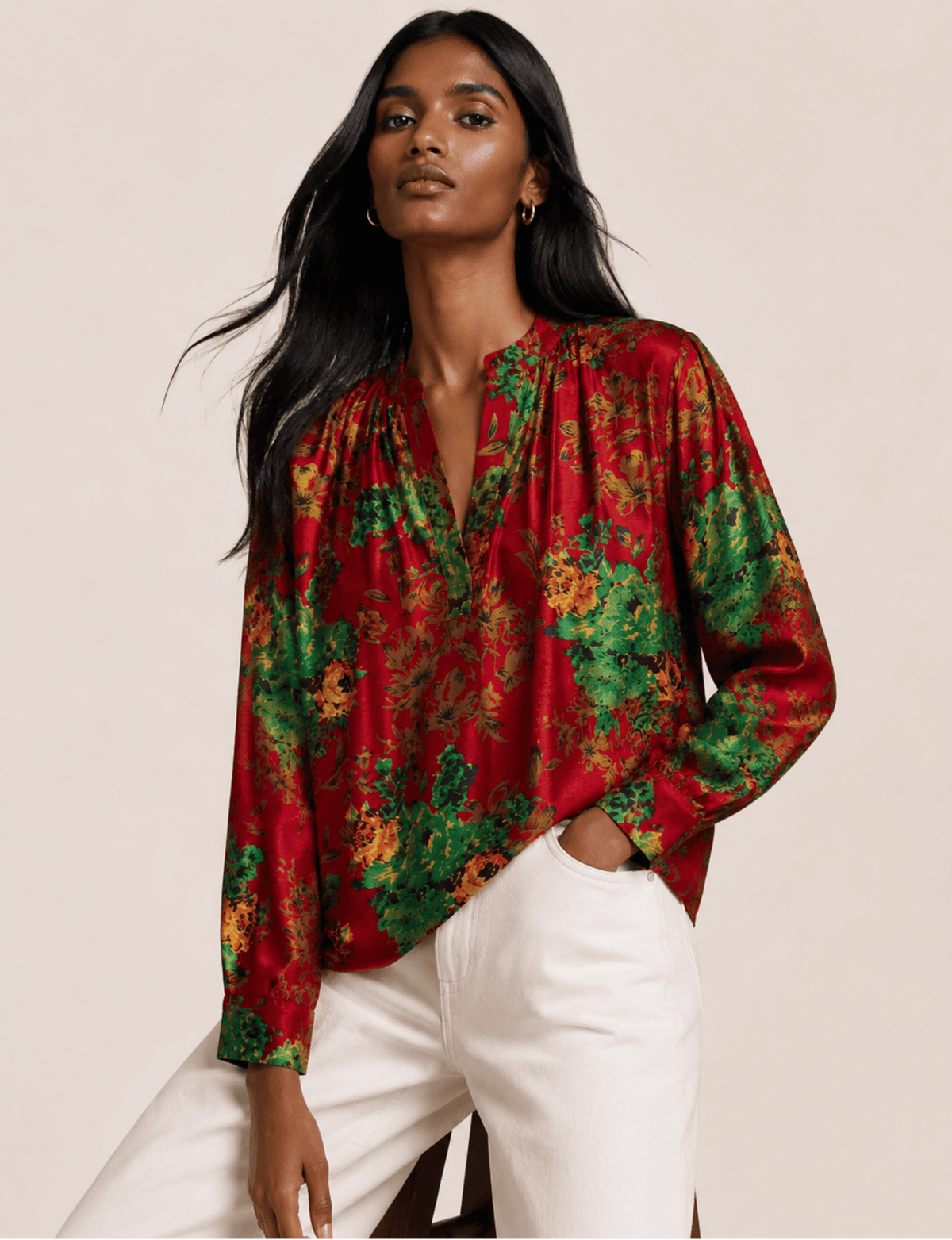 Blusa de día – Túnica Roja Floral, manga larga, corte relajado