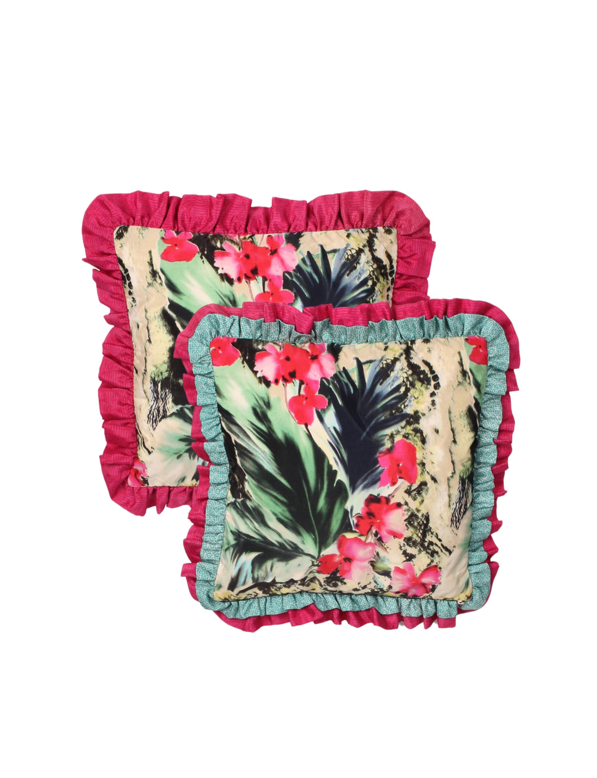 Set of two square cushion covers with pink floral print, double frill edges in pink and teal, flat lay view