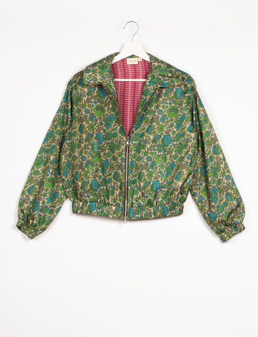 Stylish BOMBER JACKET, an upcycled clothing masterpiece with a cute cropped shape, elasticated details, and detachable metallic zipper. Contrast sari print lining adds a unique touch. Explore sustainable and eco-friendly fashion.