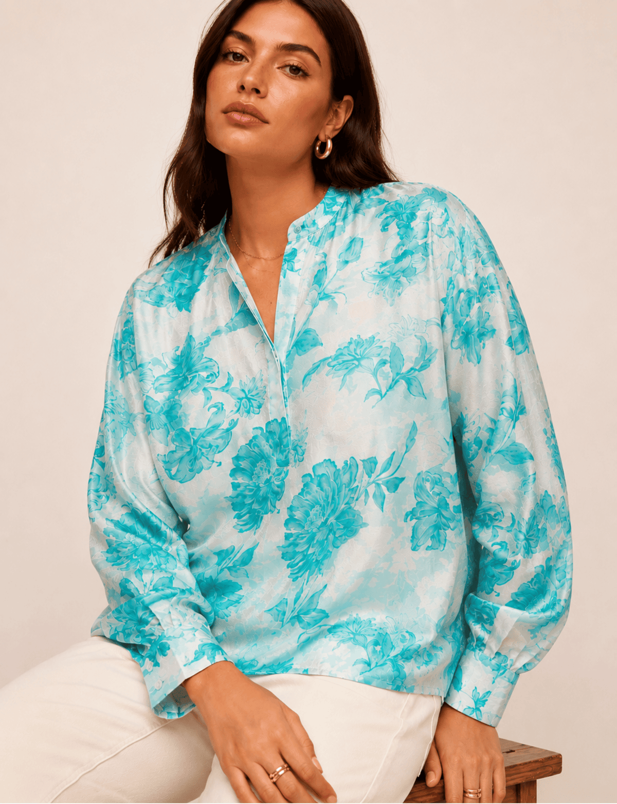 Blusa da giorno – Blu Floreale, tunica a manica lunga con collo Johnny