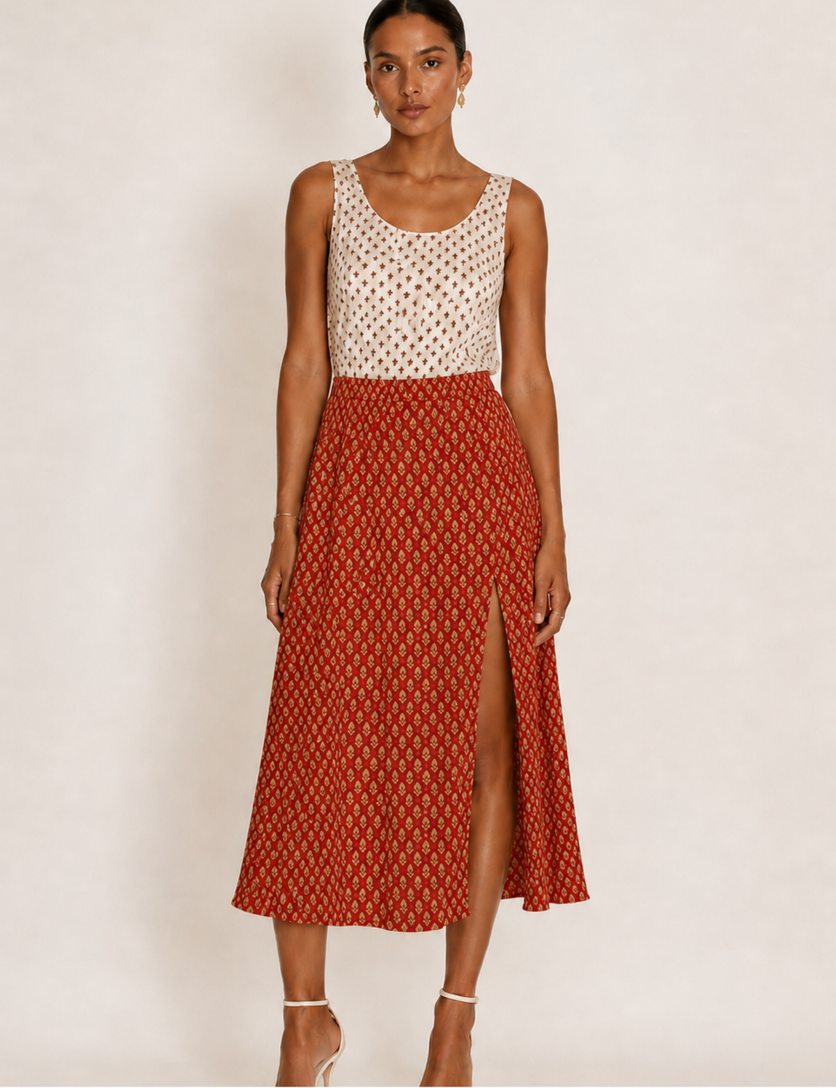 Jupe trapèze fendue - Micro-motif orange
