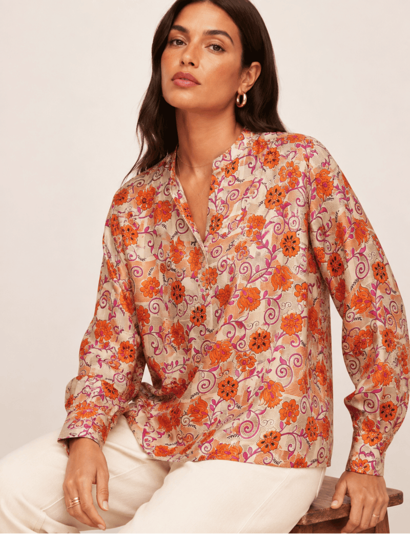 Blusa da giorno – Arancione Floreale, stile tunica, vestibilità comoda, manica lunga