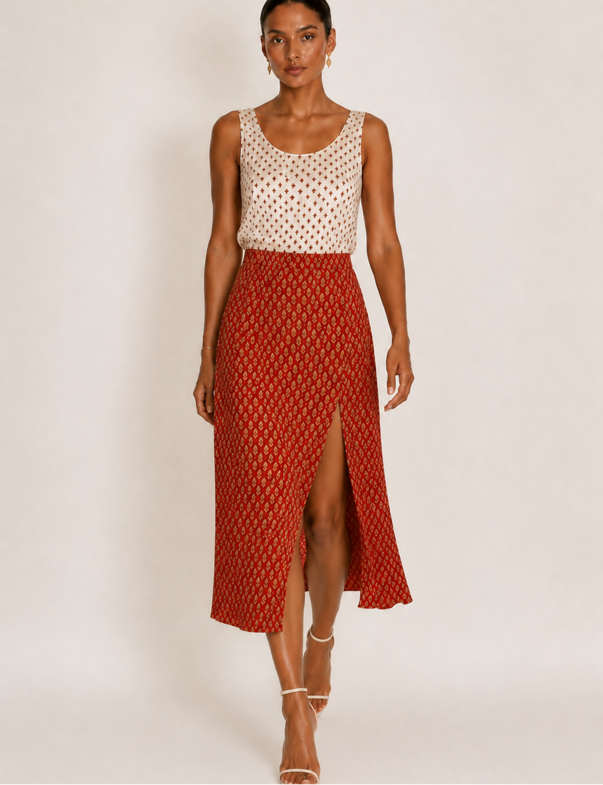 Jupe trapèze fendue - Micro-motif orange