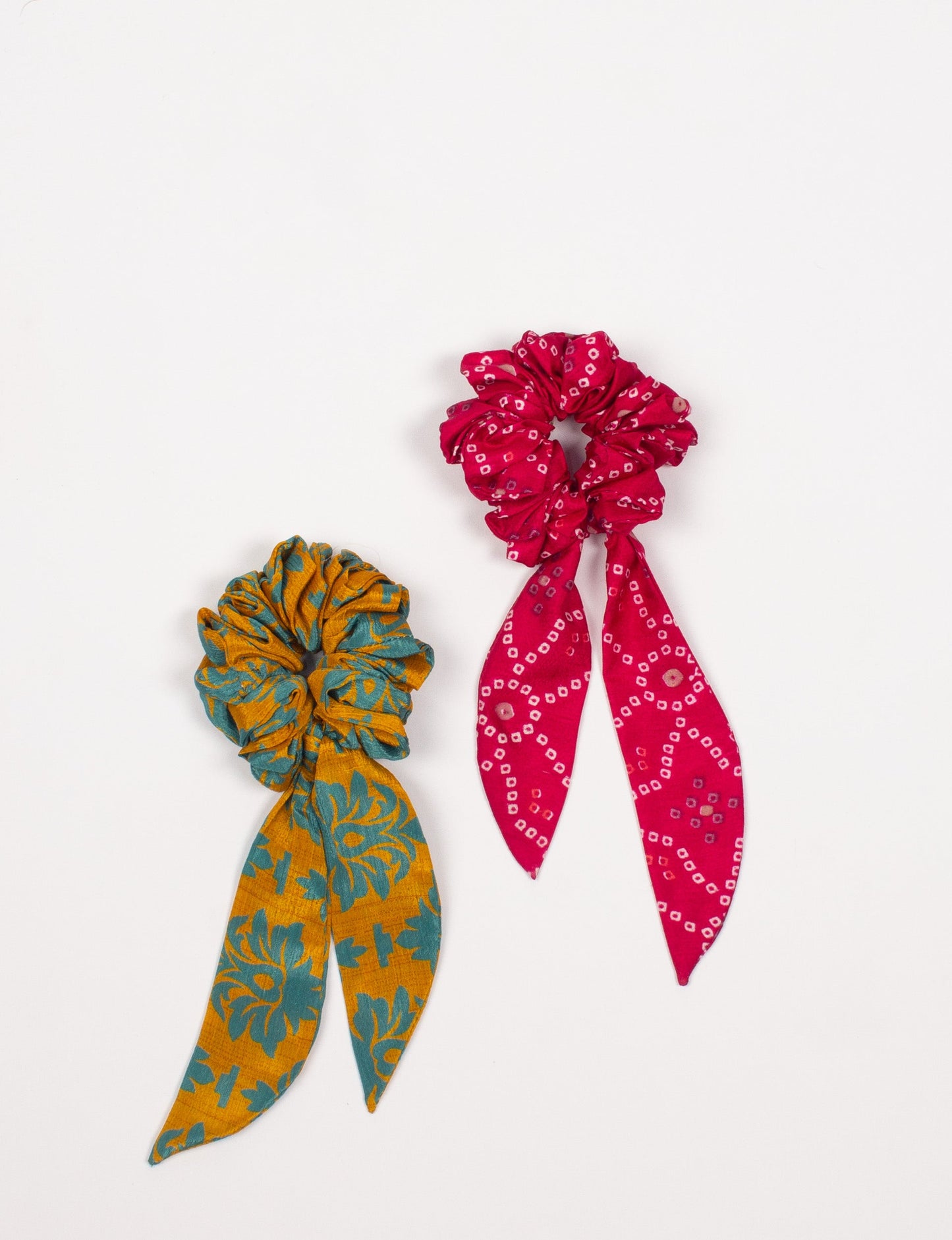 Colorful Tail Scrunchy made from sustainable, upcycled women's clothing. An eco-friendly fashion accessory promoting green fashion, recycled clothing, and ethical fashion choices.