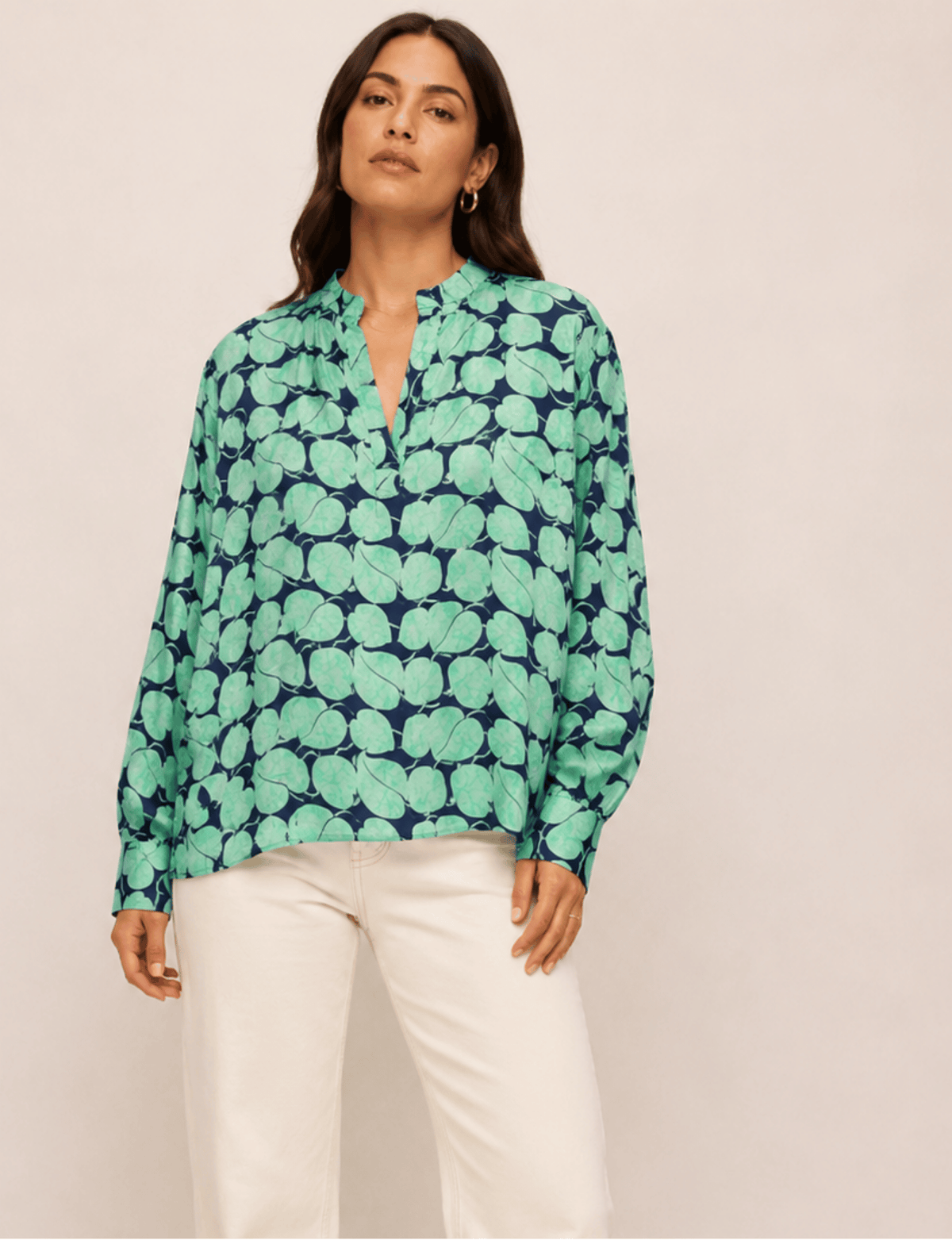 Camicetta da giorno – Blu Foglie, tunica in stile camicia a maniche lunghe con collo alla coreana