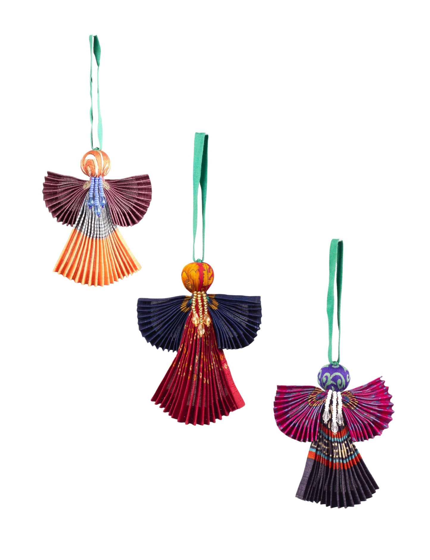 A set of three angel-shaped Christmas ornaments, crafted using pleated upcycled materials for a textured and elegant look. Designed with eco-conscious principles, these sustainable decorations showcase recycled fashion and environmentally friendly craftsmanship, perfect for those embracing conscious and circular fashion.