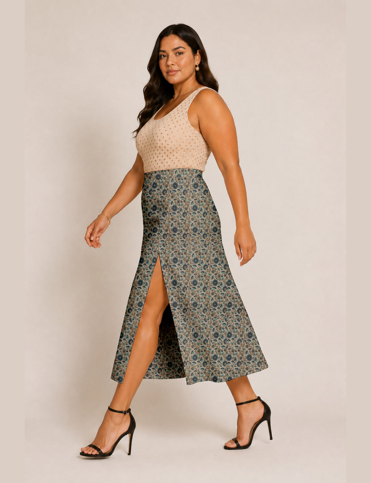 A line skirt with slit - Beige Floral