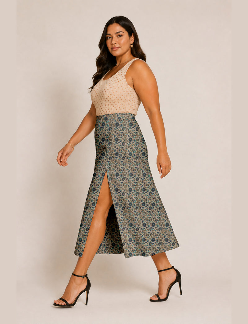 A line skirt with slit - Beige Floral