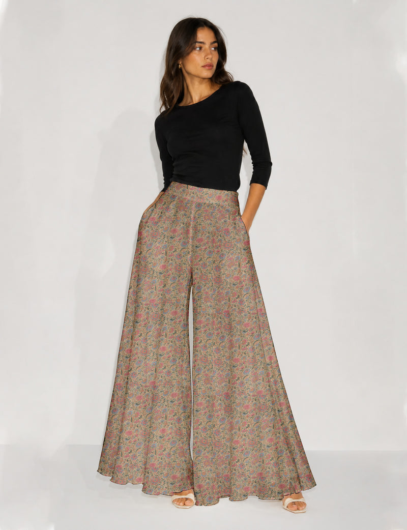 Wide Leg Palazzo Trousers - Beige Floral