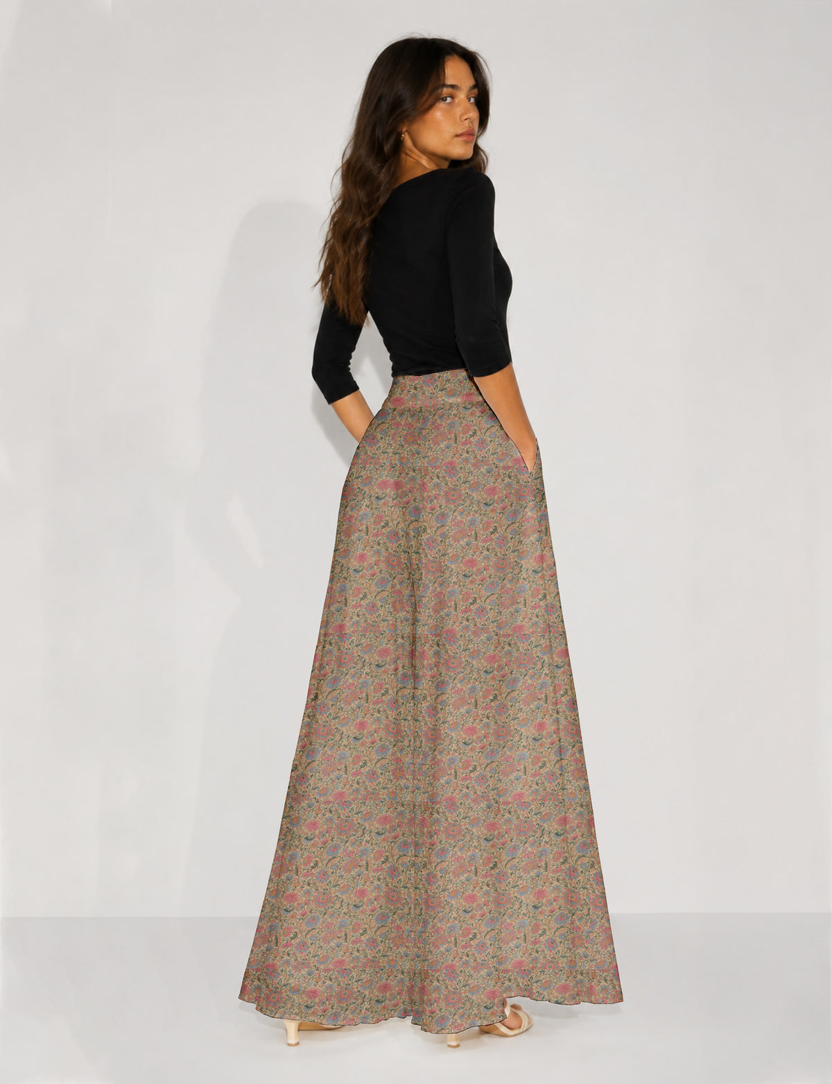Wide Leg Palazzo Trousers - Beige Floral