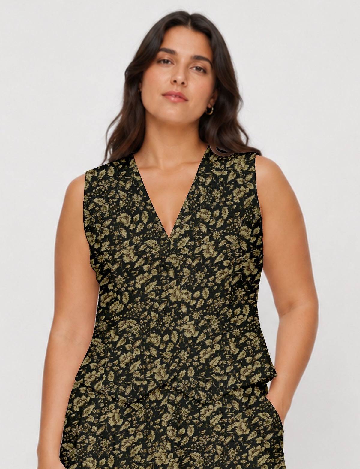 Women's fitted waistcoat with V-neck, single-breasted button closure, tailored silhouette, and pointed hem in sustainable fashion.