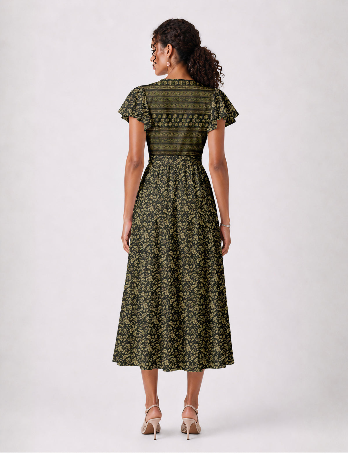 Elegant midi wrap dress with a V-neckline, adjustable waist tie, fitted bodice, and flared skirt for a timeless, flattering silhouette.