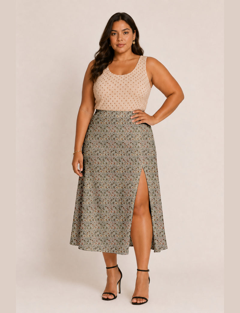 A line skirt with slit - Beige Floral
