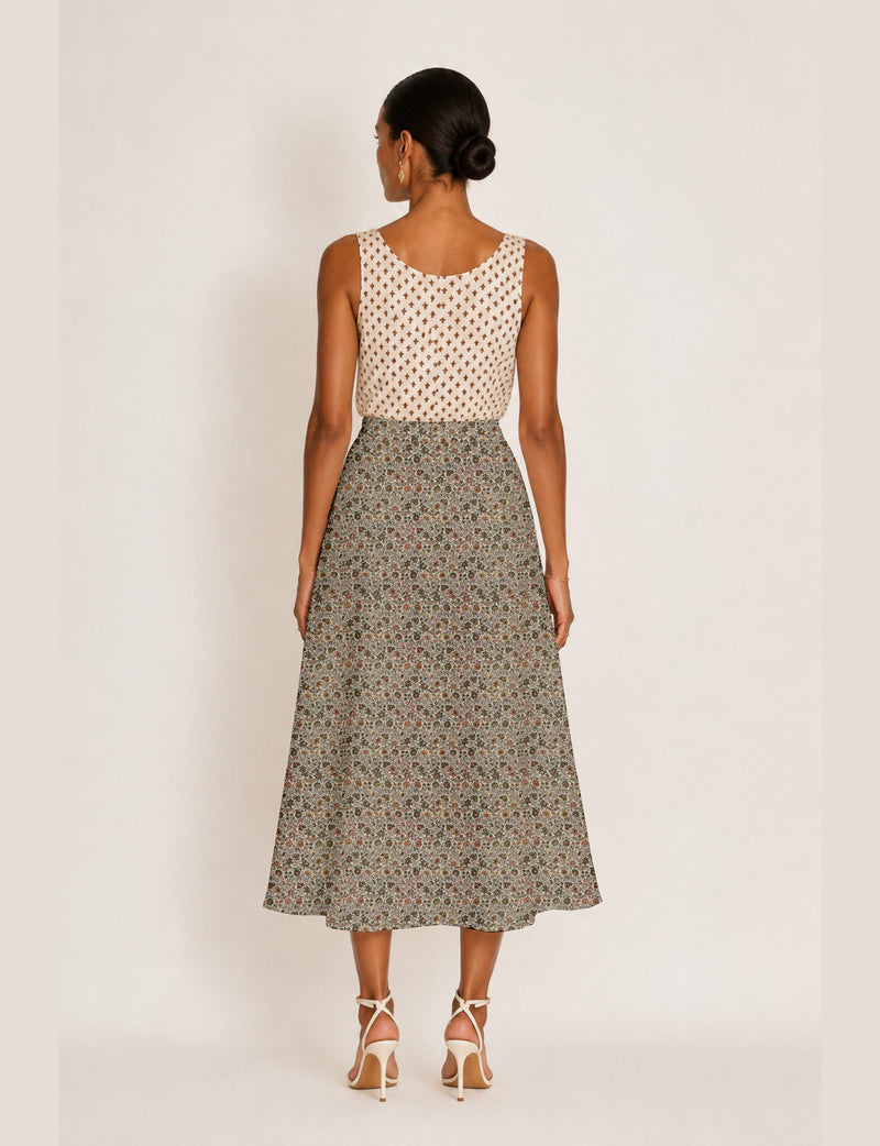 A line skirt with slit - Beige Floral