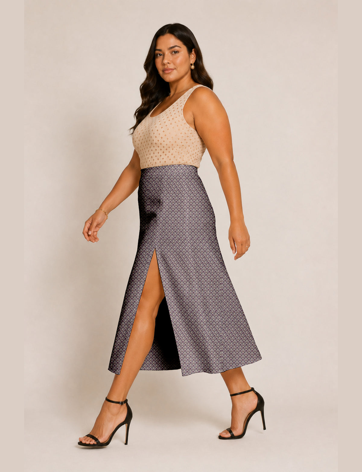 A line skirt with slit - Beige Floral