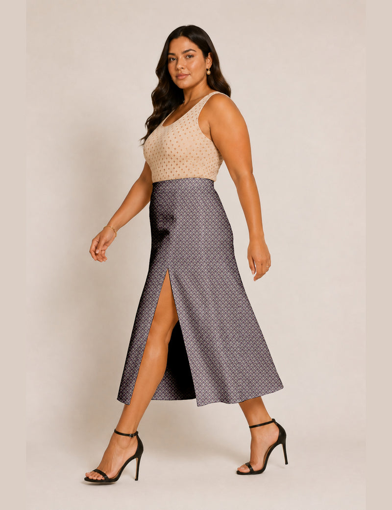 A line skirt with slit - Beige Floral