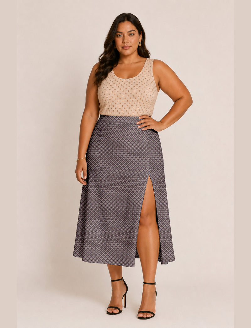 A line skirt with slit - Beige Floral