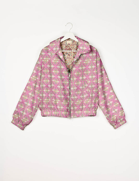 Upcycled Bomber Jacket made from recycled sari materials, featuring a cute cropped shape, elasticated hem and cuffs, and contrast sari print lining. Sustainable apparel promoting eco-friendly fashion and ethical clothing.