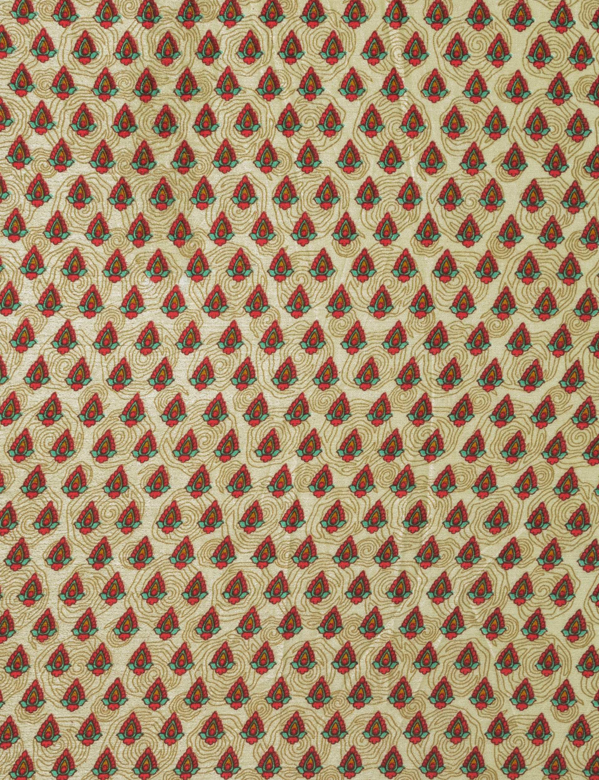 Beige fabric with red and green Indian ethnic floral motifs and gold swirl embroidery pattern