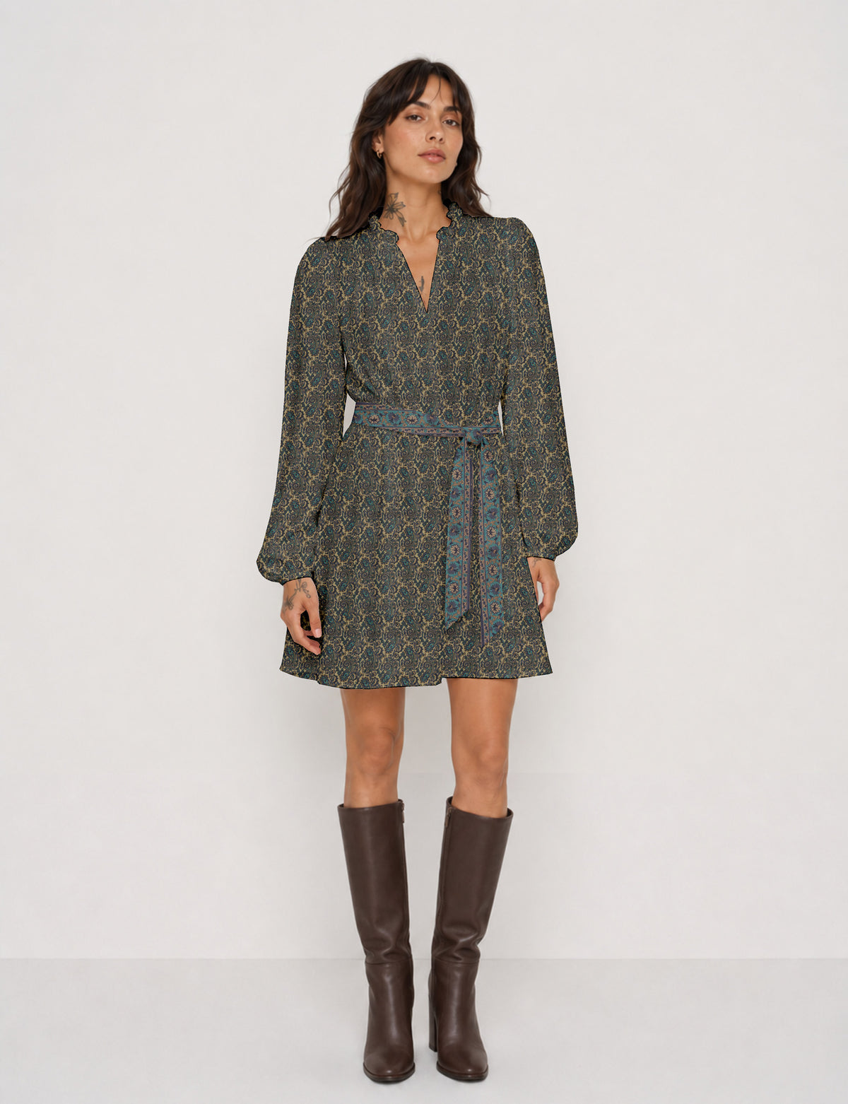 Swing dress with belt - Yellow Floral - Beige Paisley
