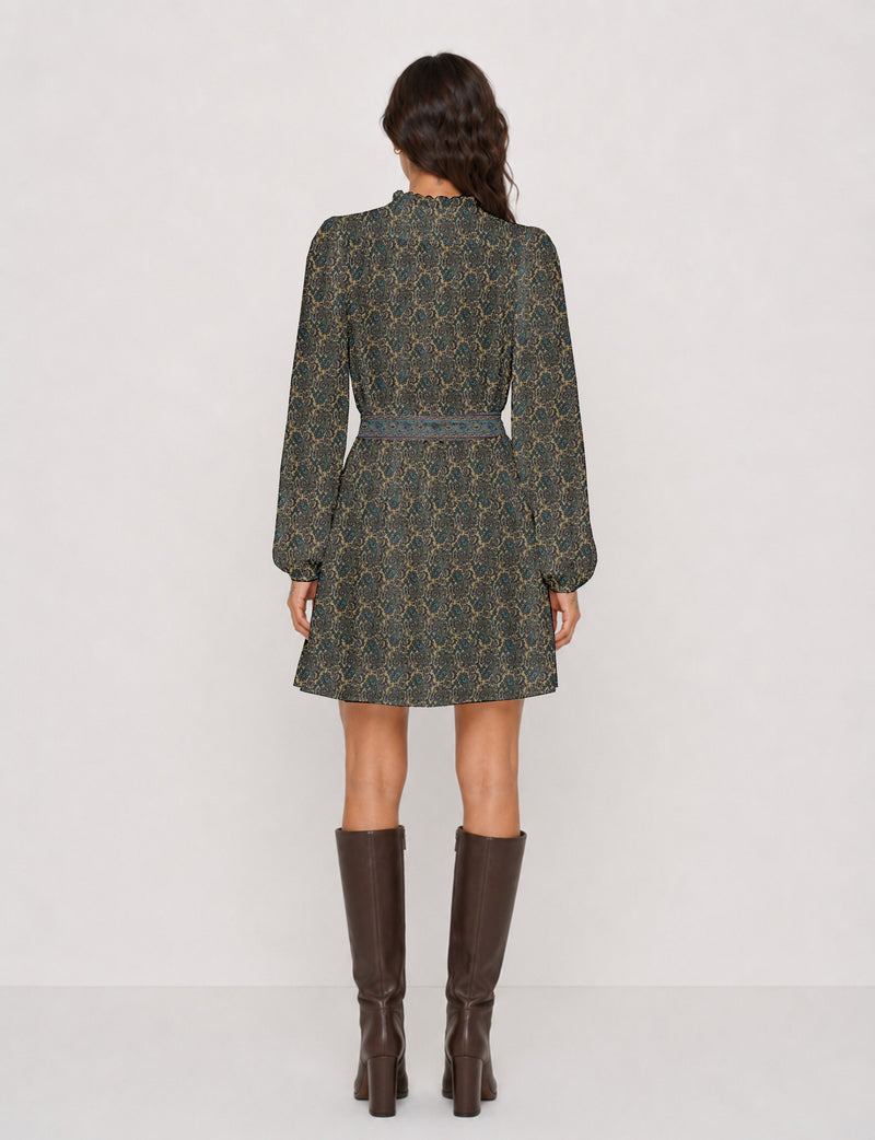 Swingkleid mit Gürtel - Gelb mit Blumenmuster - Beige Paisley