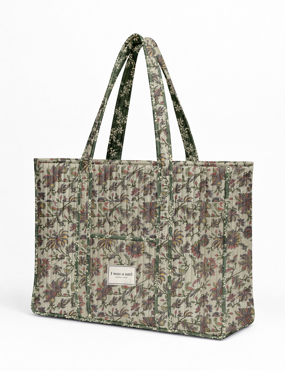Quilted work tote bag with structured rectangular design and long shoulder straps, representing slow fashion and ethical clothing ideals, made as part of upcycled women's clothing and sustainable women's clothing using recycled fashion and earth friendly clothing practices.