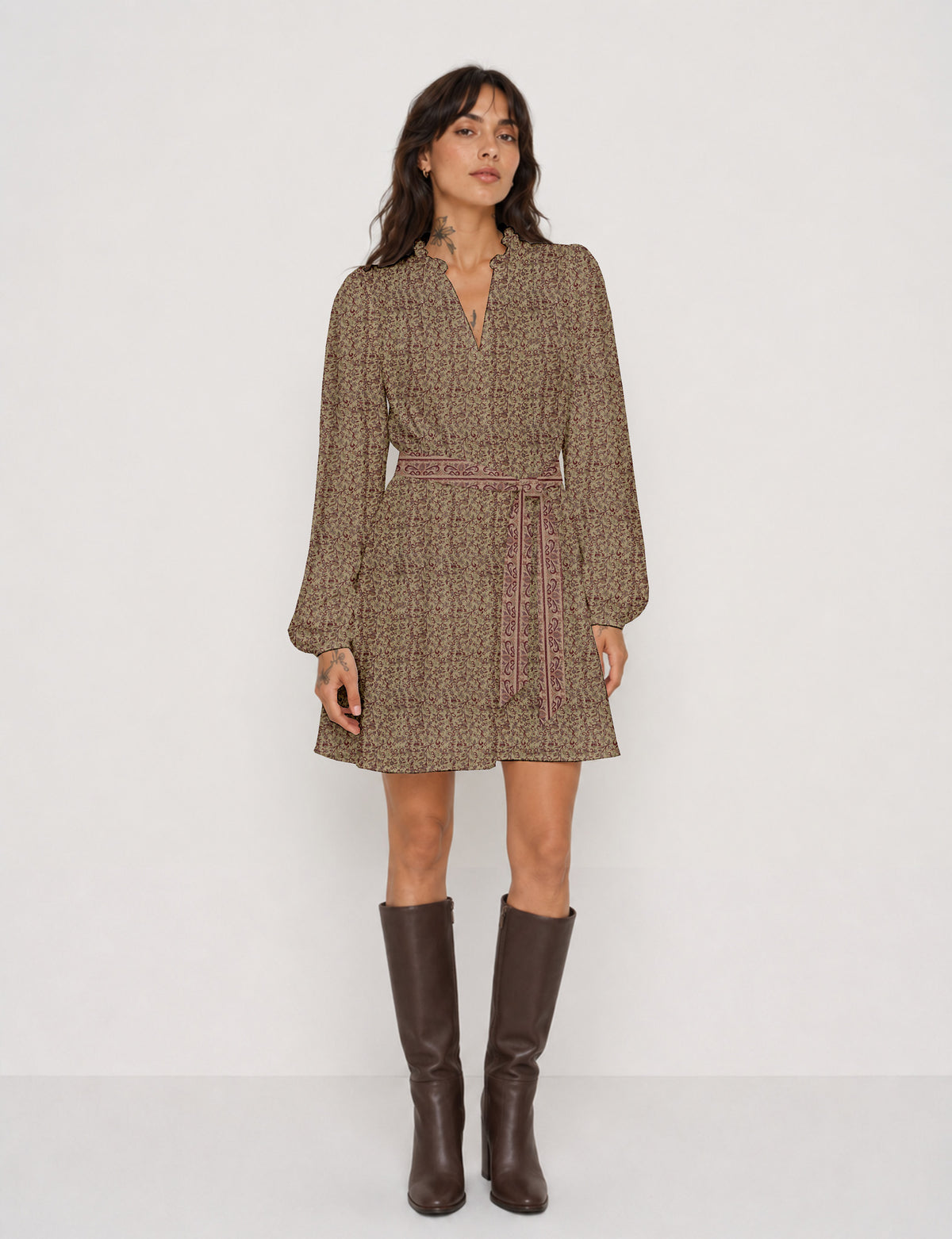 Swing dress with belt - Beige Tropical