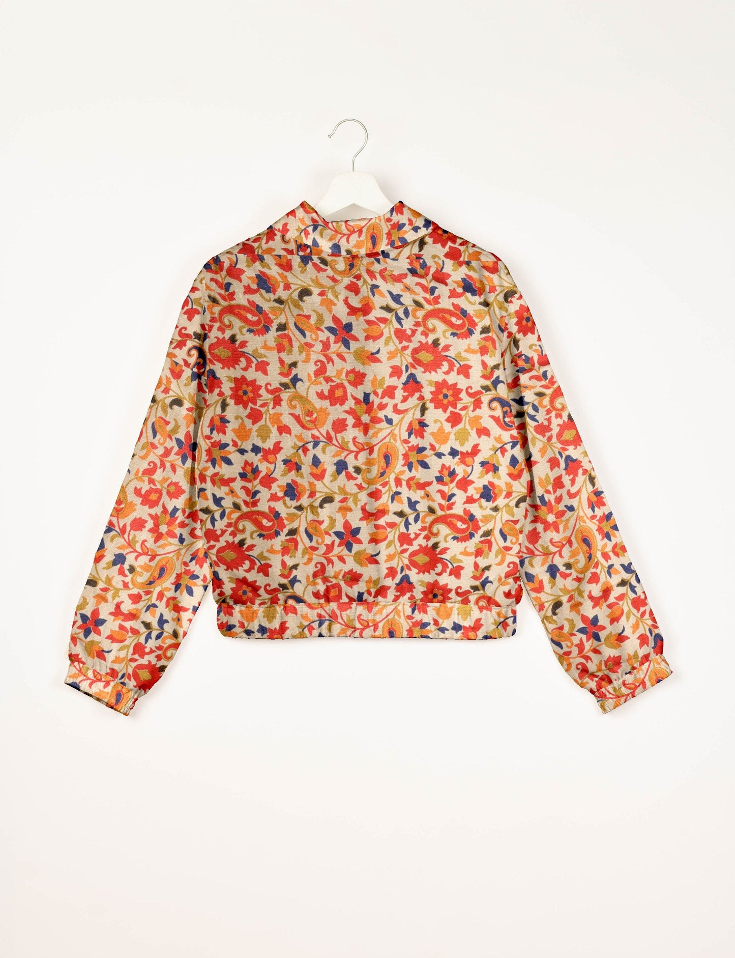 Love Bomber Jacket made from recycled fabric, featuring hand-stitched Aari embroidery. A unique piece of zero-waste clothing, part of the circular fashion movement. Designed with upcycled materials for a stylish yet environmentally friendly clothing choice.