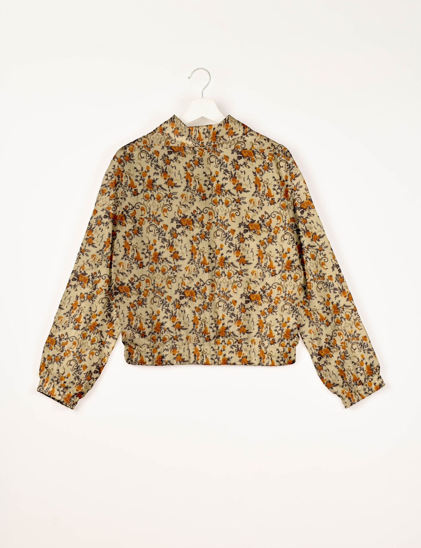 Love Bomber Jacket made from recycled fabric, featuring hand-stitched Aari embroidery. A unique piece of zero-waste clothing, part of the circular fashion movement. Designed with upcycled materials for a stylish yet environmentally friendly clothing choice.