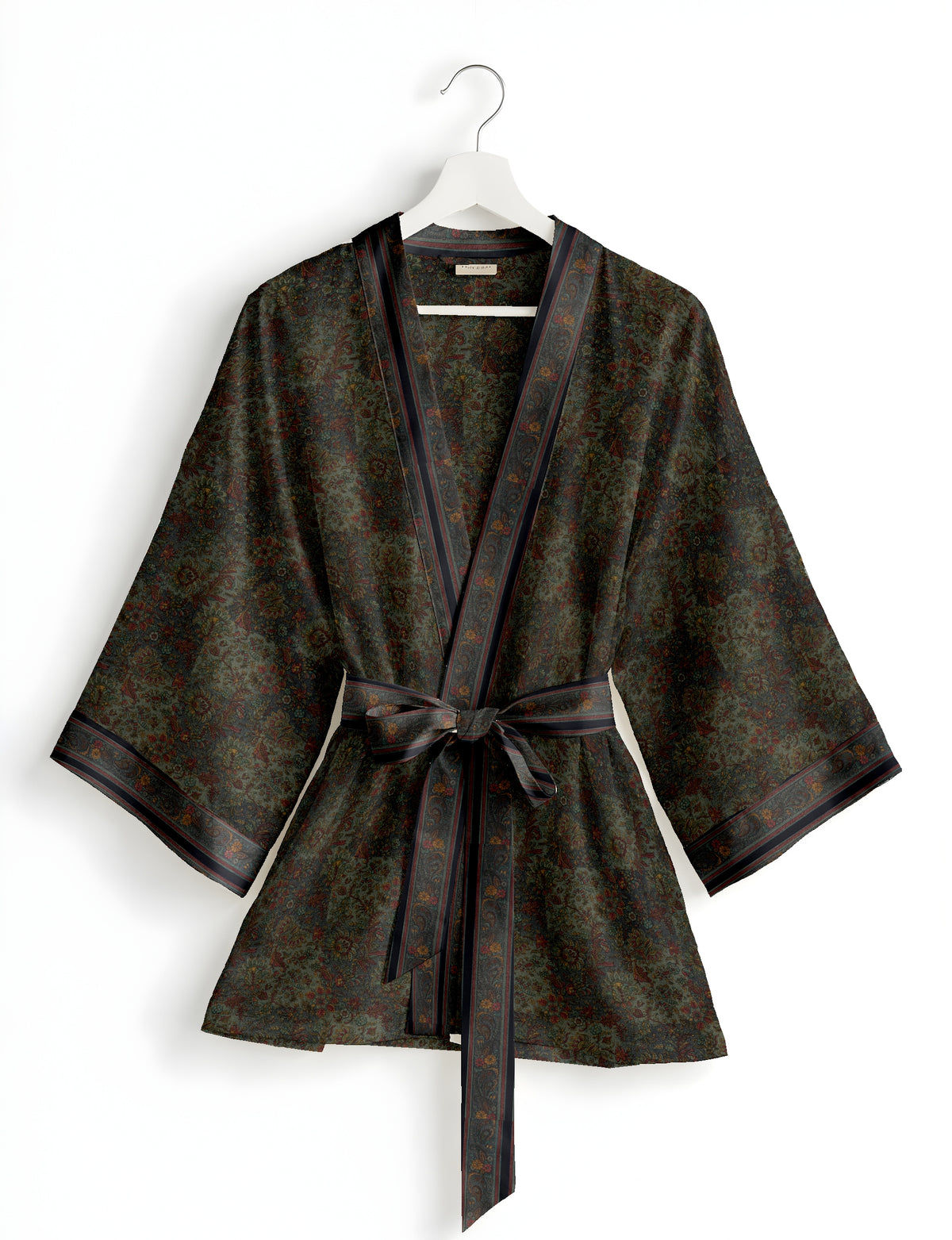Short kimono robe with wrap front, V-neckline, wide sleeves, waist tie, and concealed skort detail.