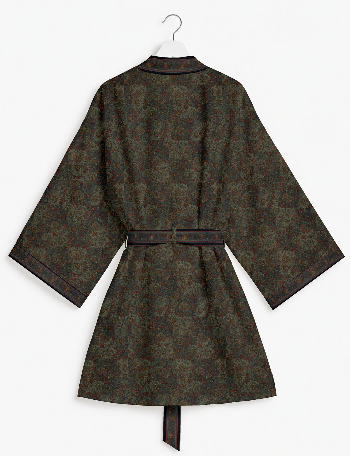 Short kimono robe with wrap front, V-neckline, wide sleeves, waist tie, and concealed skort detail.